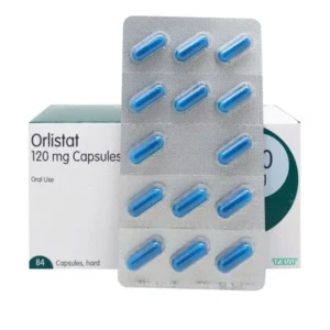 Orlistat capsules for weight loss. Box and capsules shown from Online Mens Clinic